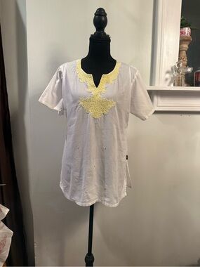 Women's White Tunic with Yellow Embroidered Neckline